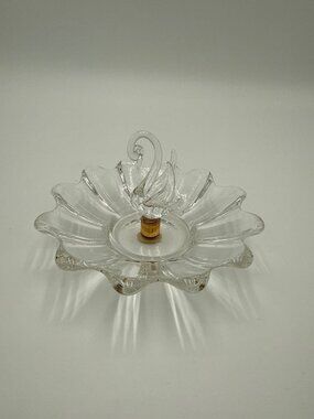 Vintage Clear Glass Swan Trinket Dish Fluted Edges 1964 Worlds Fair NY Hand-Blow